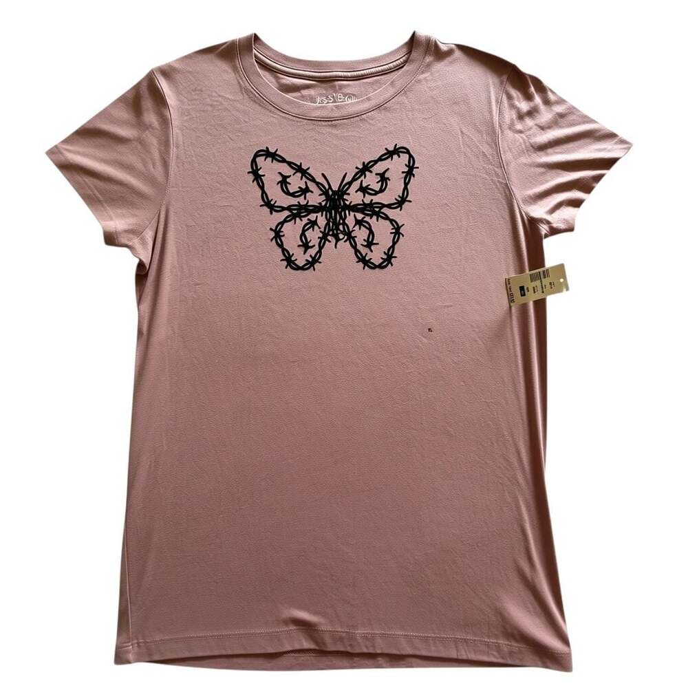 Aeropostale Classic Crew Dusty Pink T-Shirt With Black Barbed Wire Butterfly